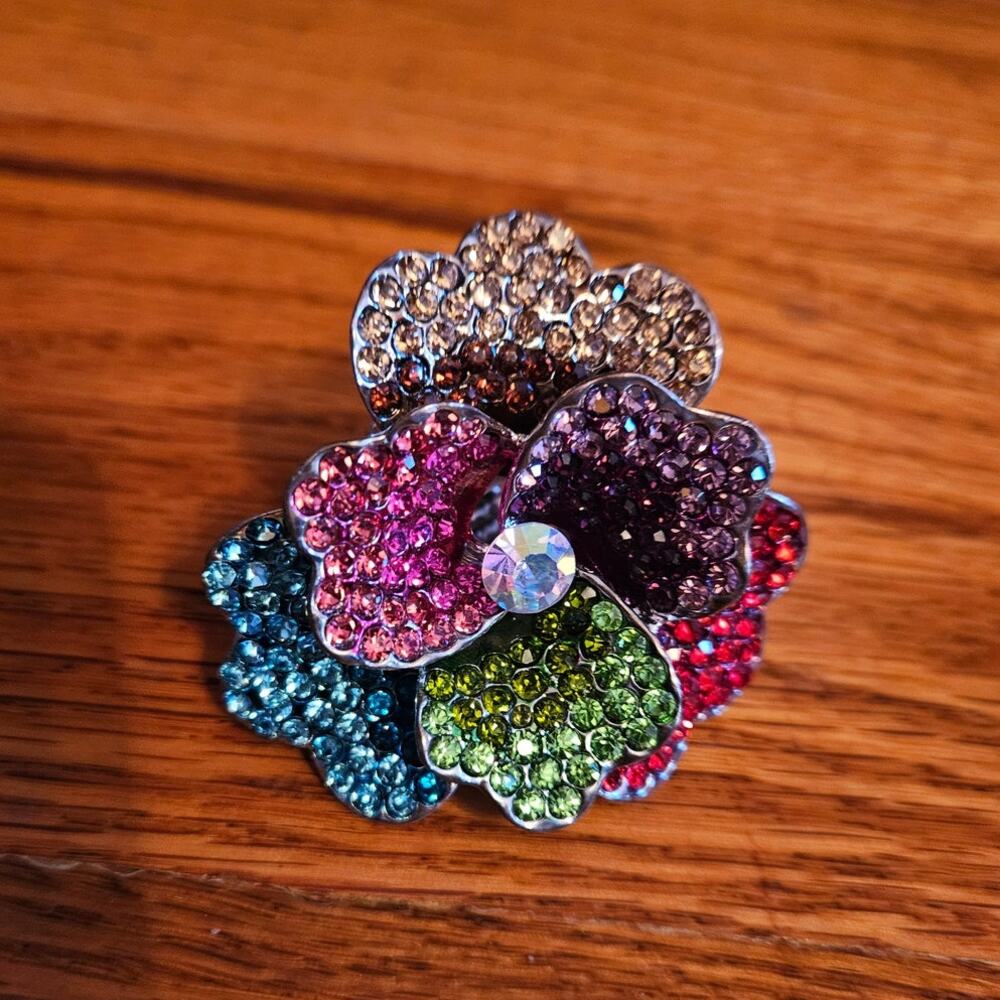 Boutique Costume Jewelry Oversized Colorful Rhinestone Flower Stretch Ring